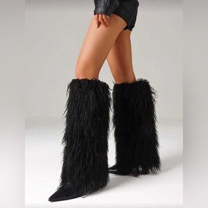Stylish Black Fur Knee-High Boots